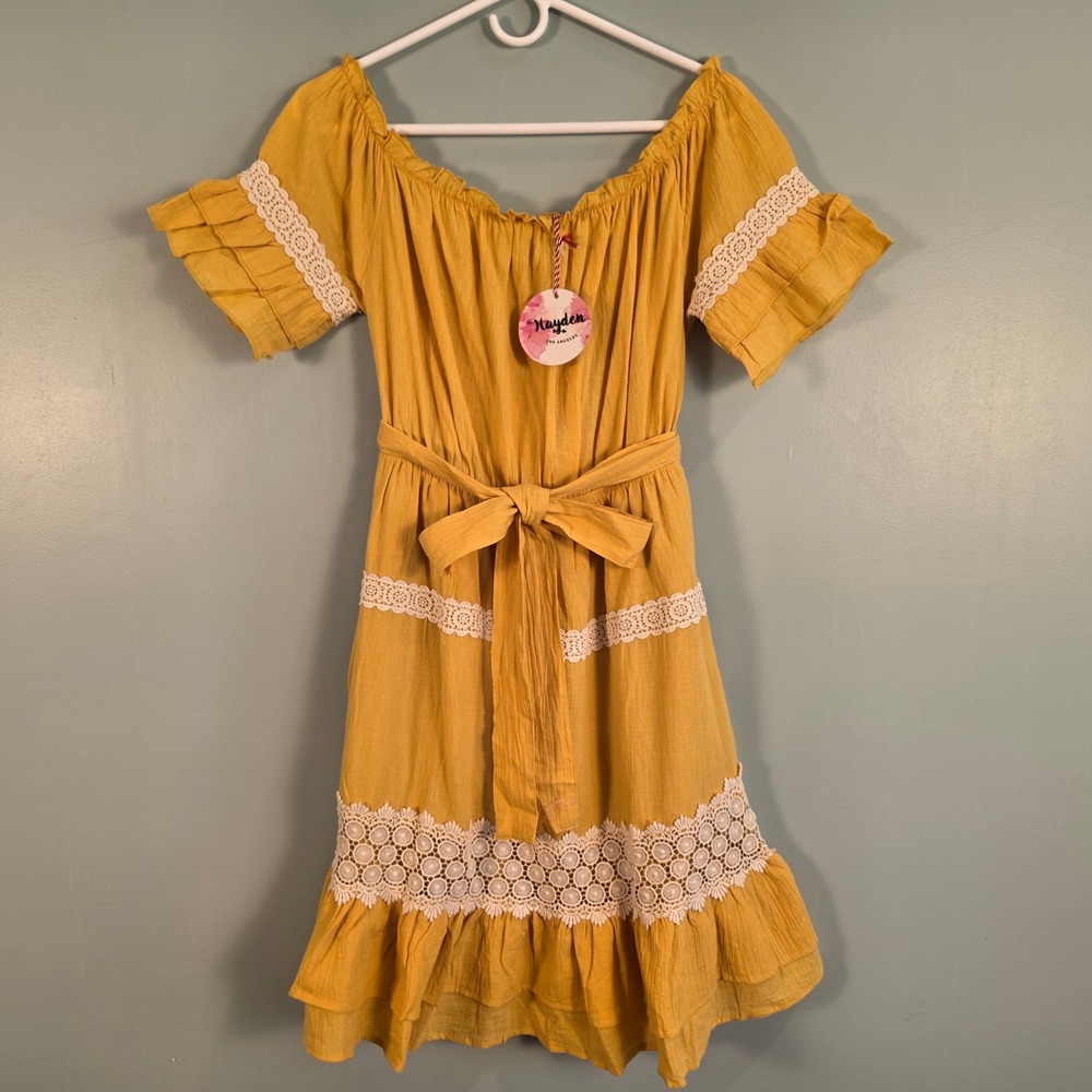 Hayden Los Angeles Mustard Yellow Lace Trim Off Shoulder Cotton Mini Dress M